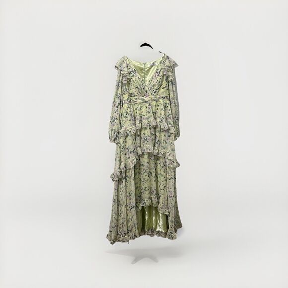 $598 Mac Duggal Size 12 Floral Chiffon Tiered Ruffle Puff Sleeve Gown - See flaw - Picture 3 of 7